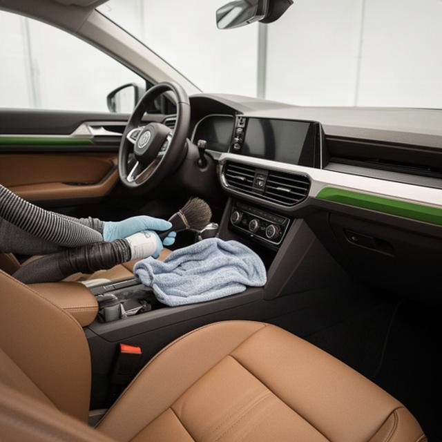 Pulizia dei sedili e del cruscotto di un’auto con strumenti professionali