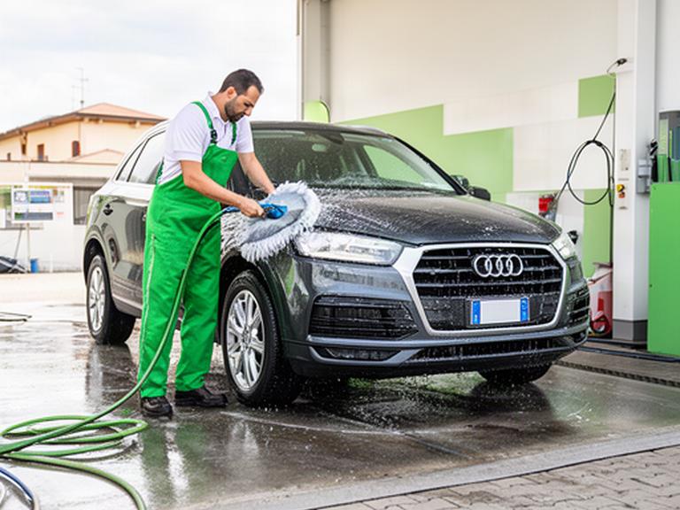 Operatore che lava a mano un’automobile lucida nell’area esterna dell’autolavaggio a Porto Viro