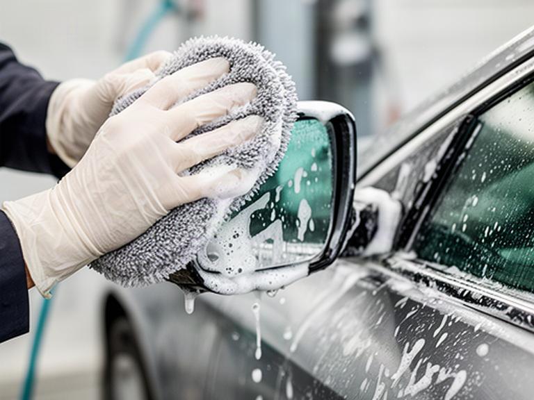 Mani protette da guanti che lavano con cura uno specchietto automobilistico
