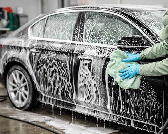 Lavaggio esterno a mano di una berlina nera con schiuma sulla carrozzeria