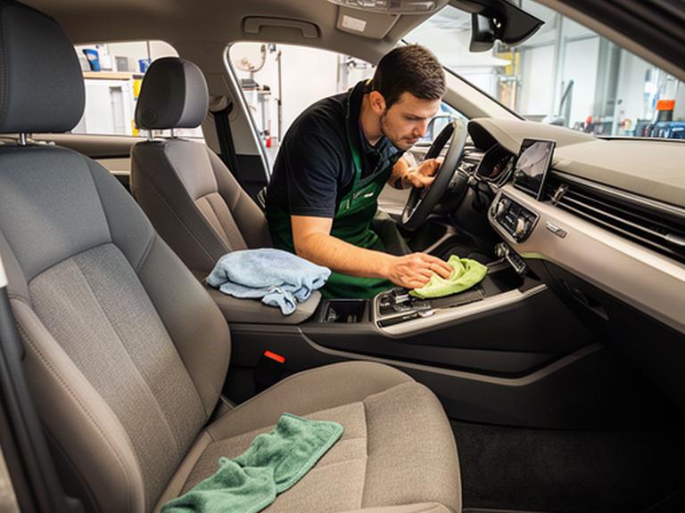 Pulizia professionale dei sedili e del cruscotto all’interno di un’automobile